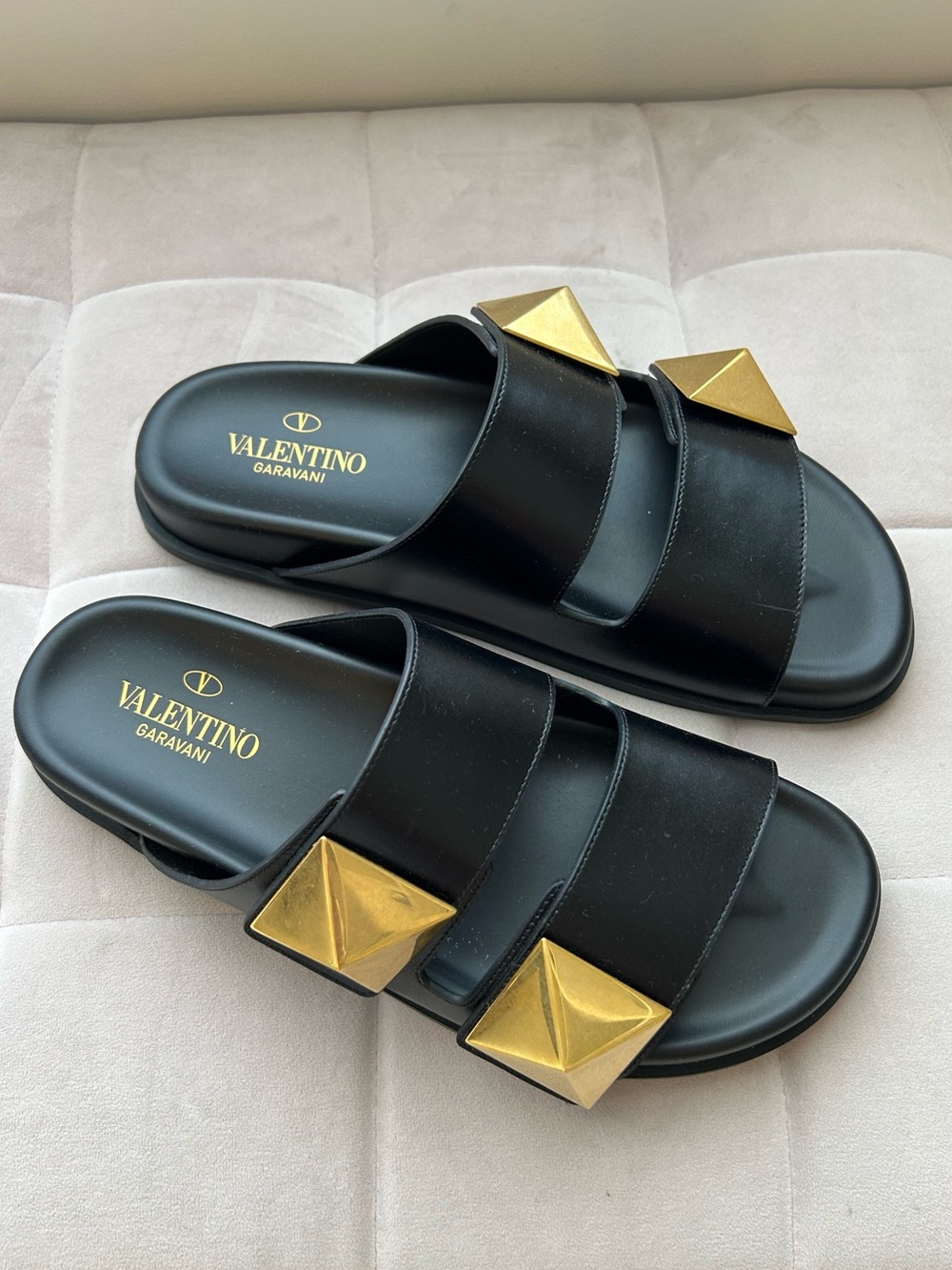 Authentic Valentino Garavani Black Leather Slide Sandals with Gold Roman Studs